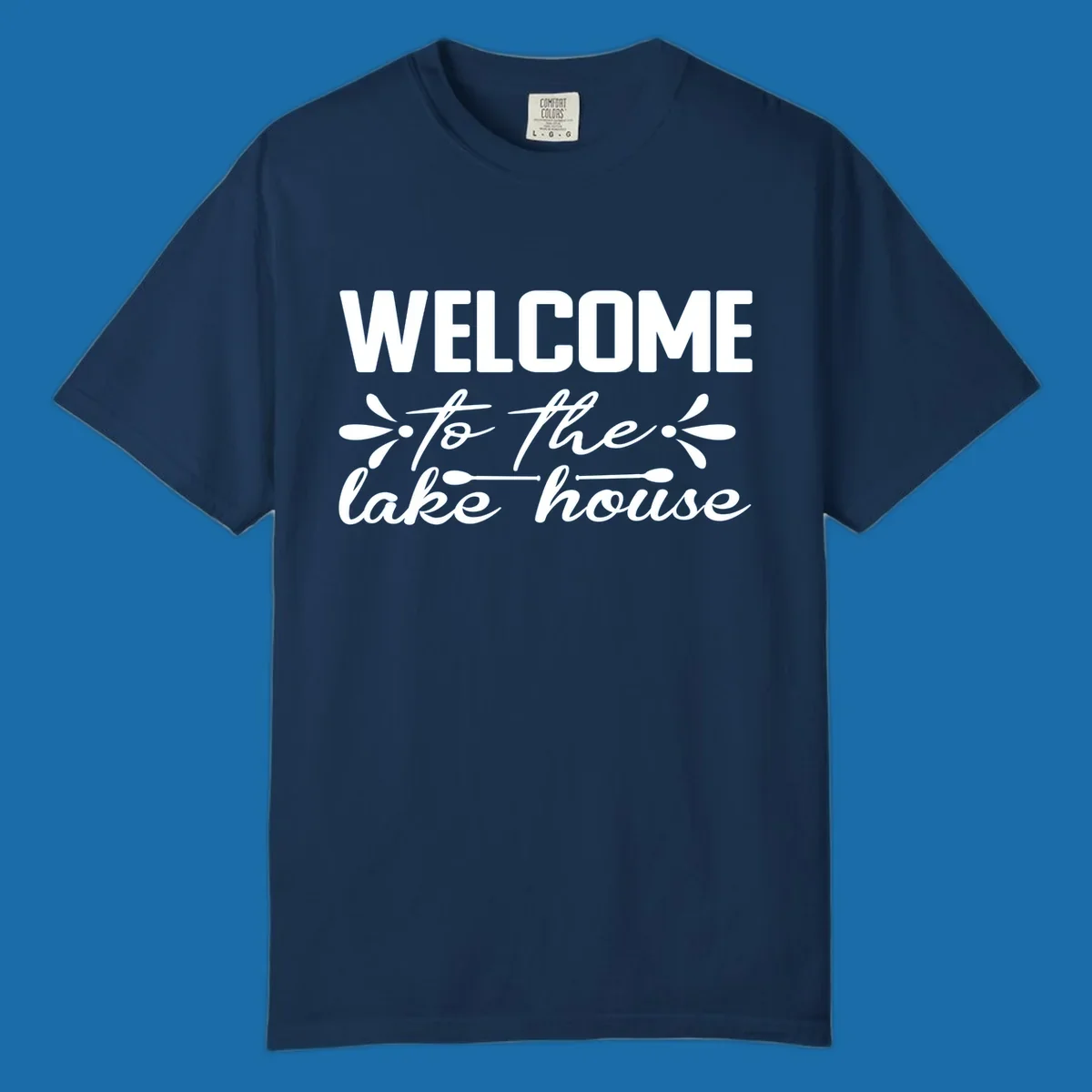 Welcome to the lake house text design with decorative elements.