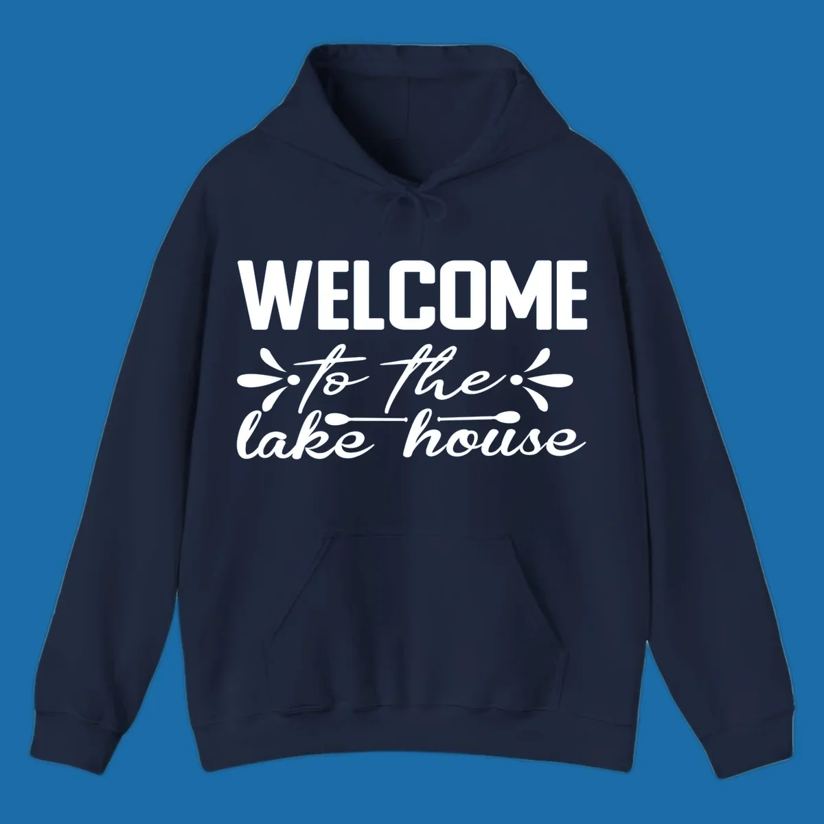 Welcome to the lake house text design with decorative elements.