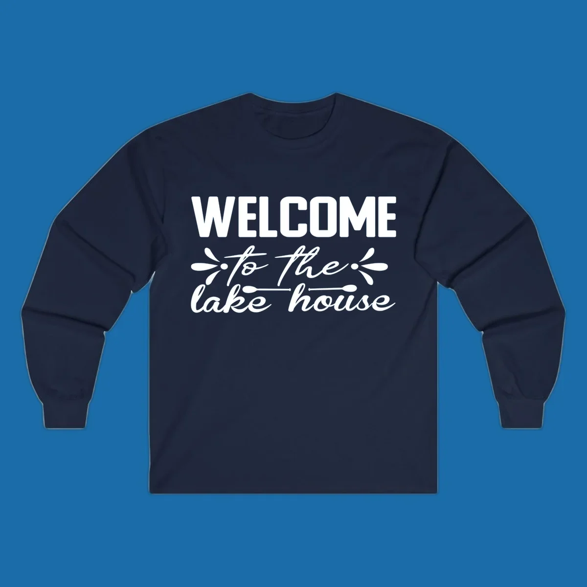 Welcome to the lake house text design with decorative elements.