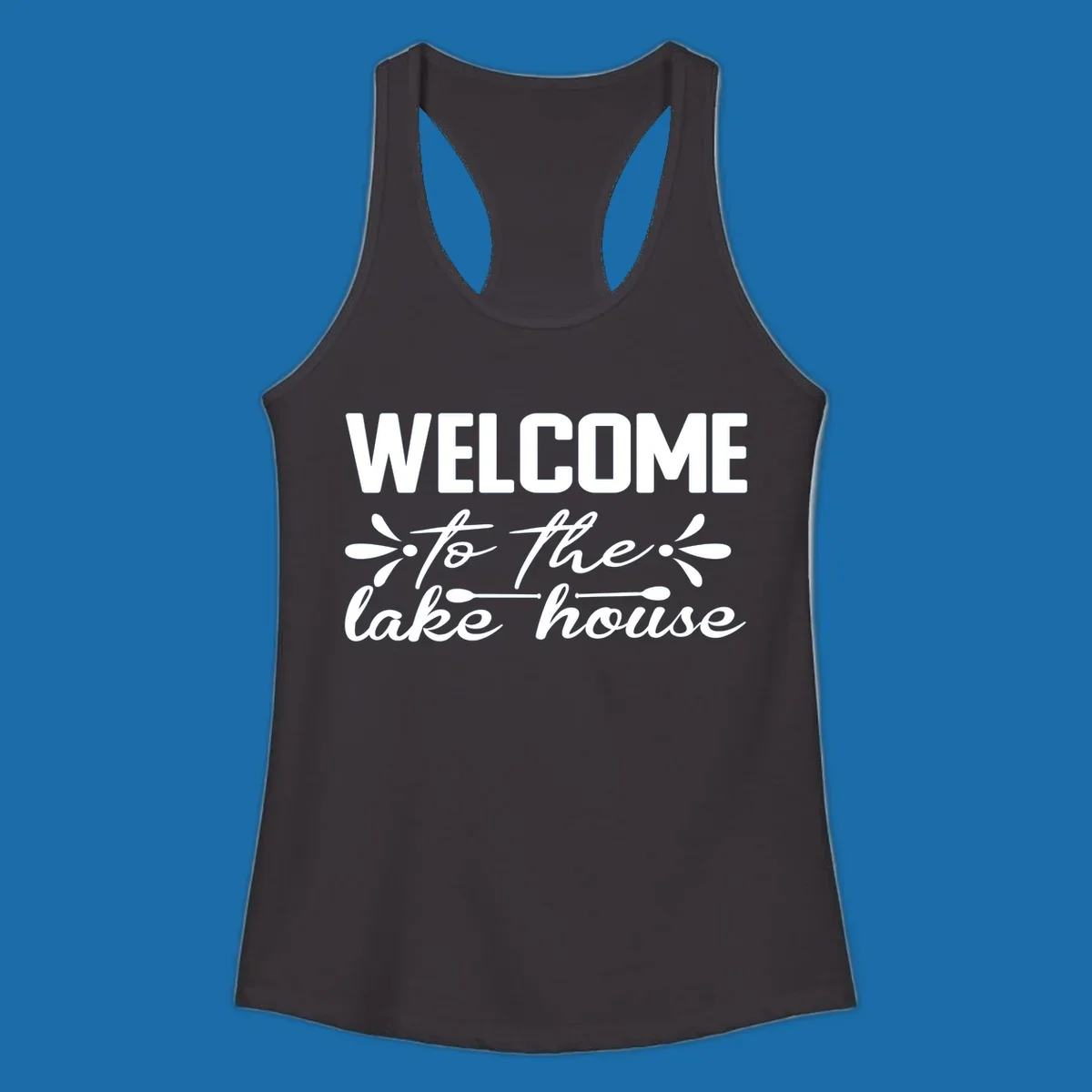 Welcome to the lake house text design with decorative elements.