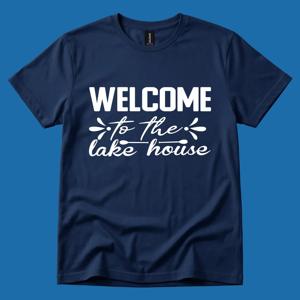 Welcome to the lake house text design with decorative elements.