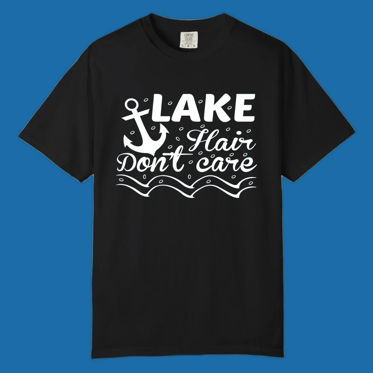 Lake Hair Don't Care anchor design with waves and small circles.