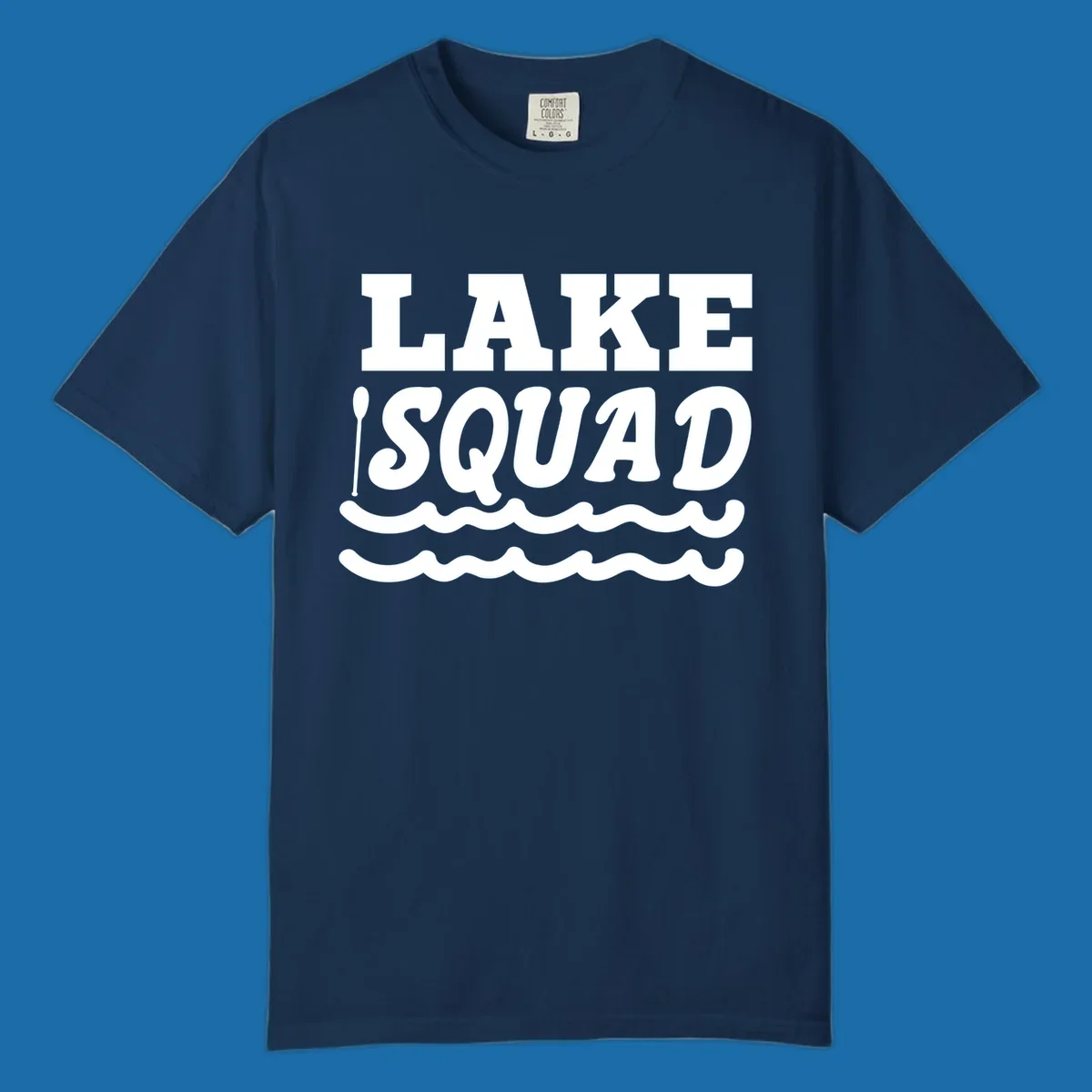 Lake squad text with oars and waves, for matching lake trip apparel.