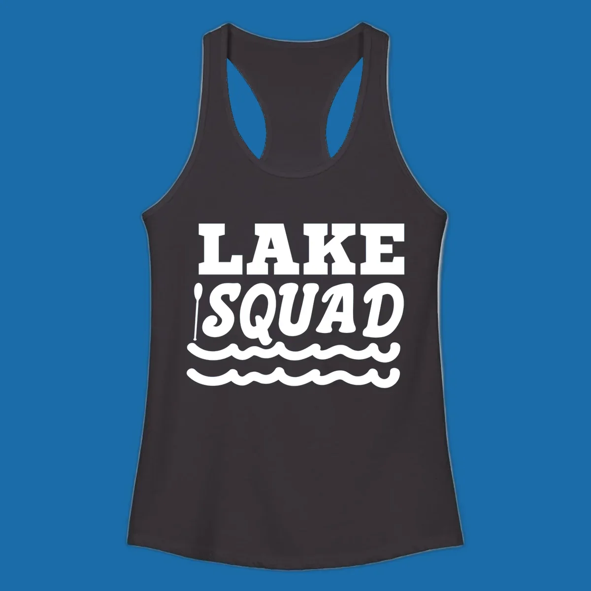 Lake squad text with oars and waves, for matching lake trip apparel.
