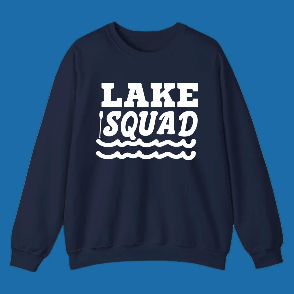 Lake squad text with oars and waves, for matching lake trip apparel.