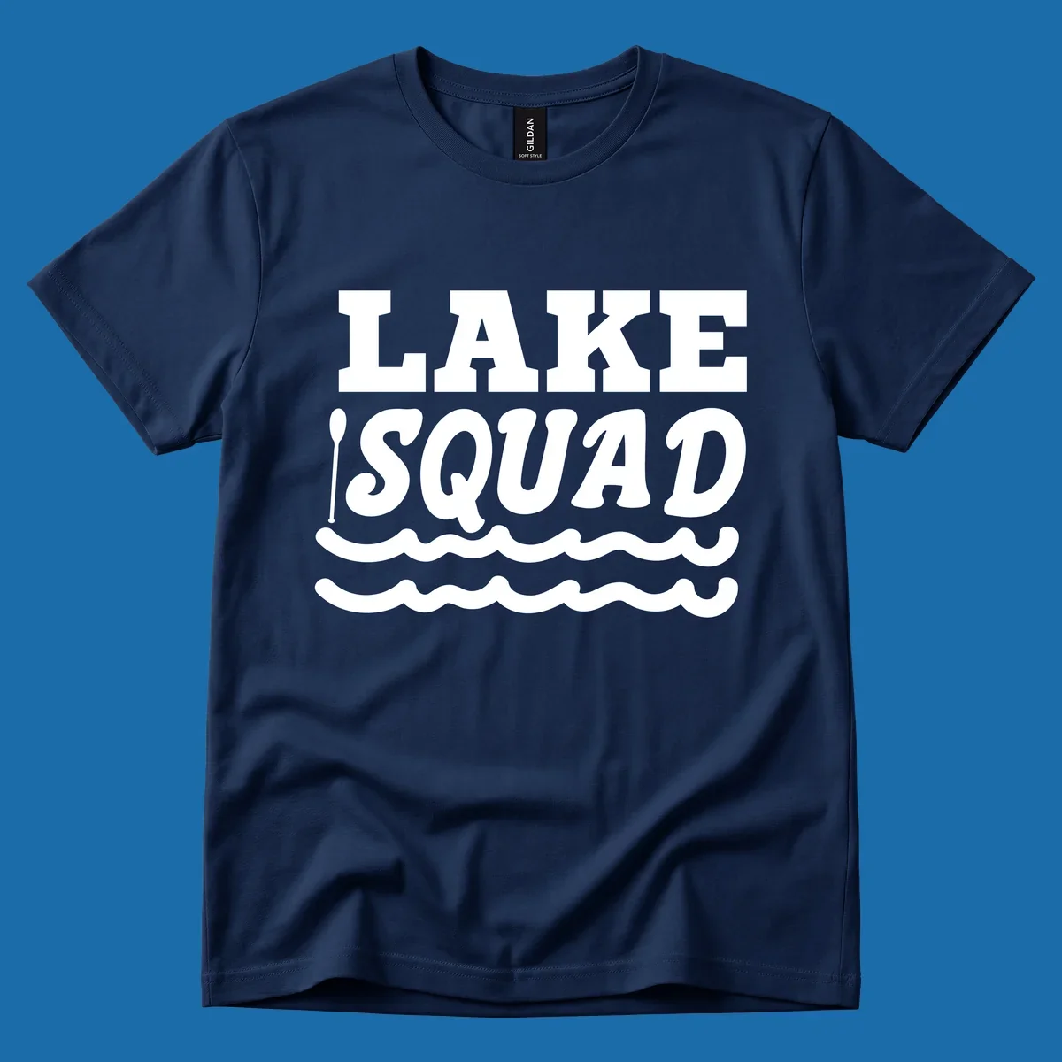 Lake squad text with oars and waves, for matching lake trip apparel.