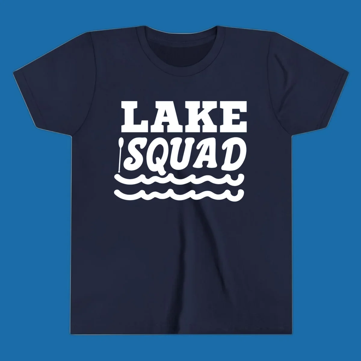 Lake squad text with oars and waves, for matching lake trip apparel.