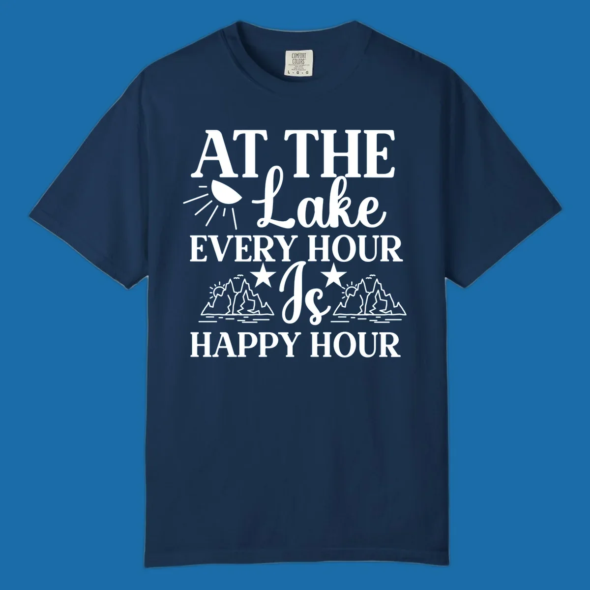 Lake happy hour text design with mountains, sun, and water illustrations.