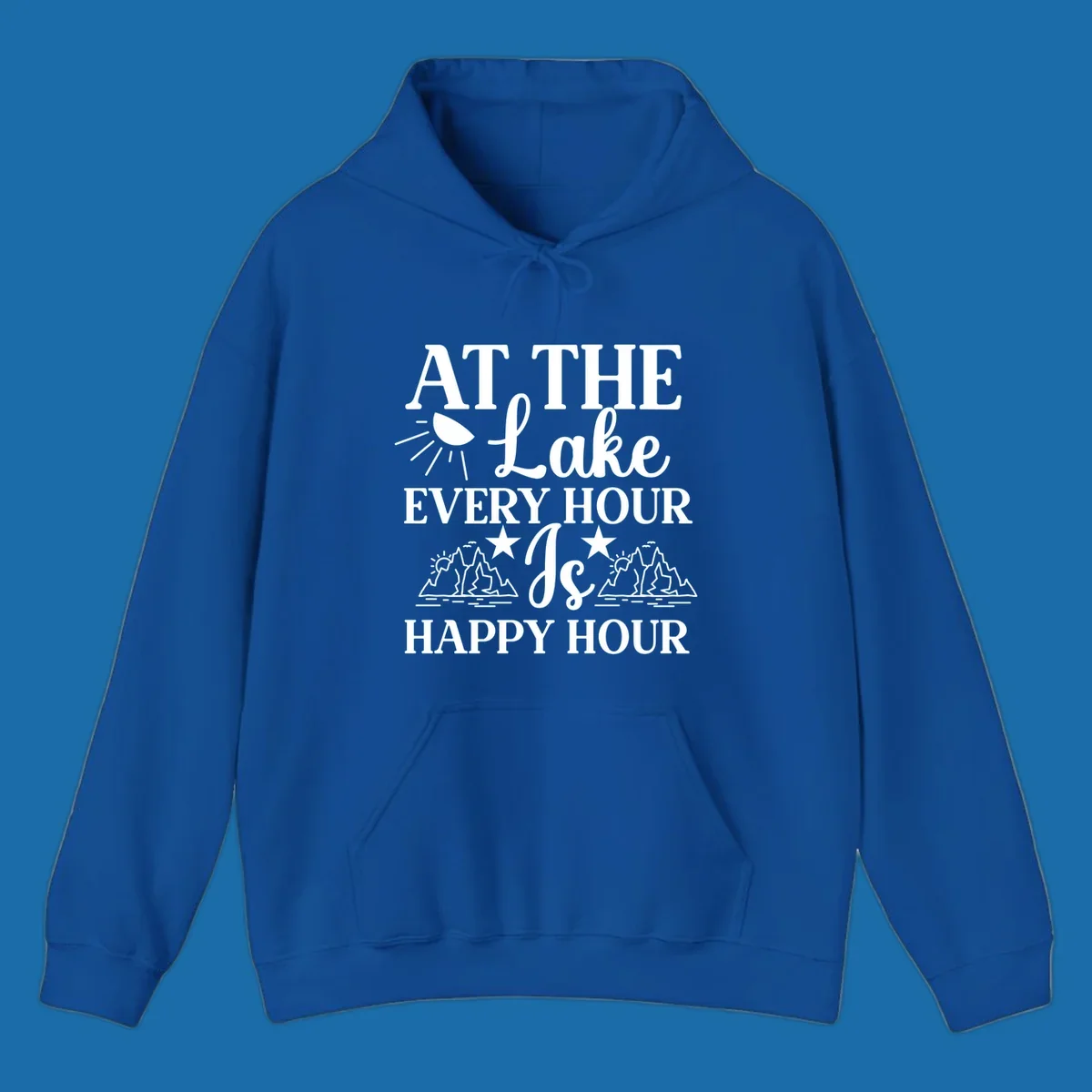 Lake happy hour text design with mountains, sun, and water illustrations.