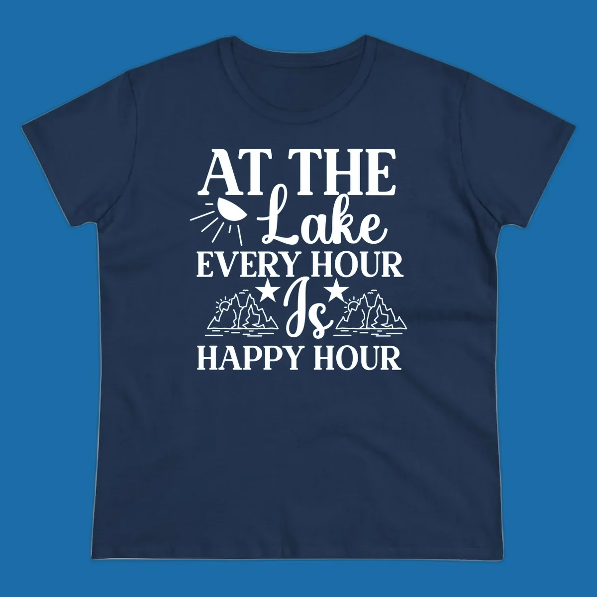 Lake happy hour text design with mountains, sun, and water illustrations.