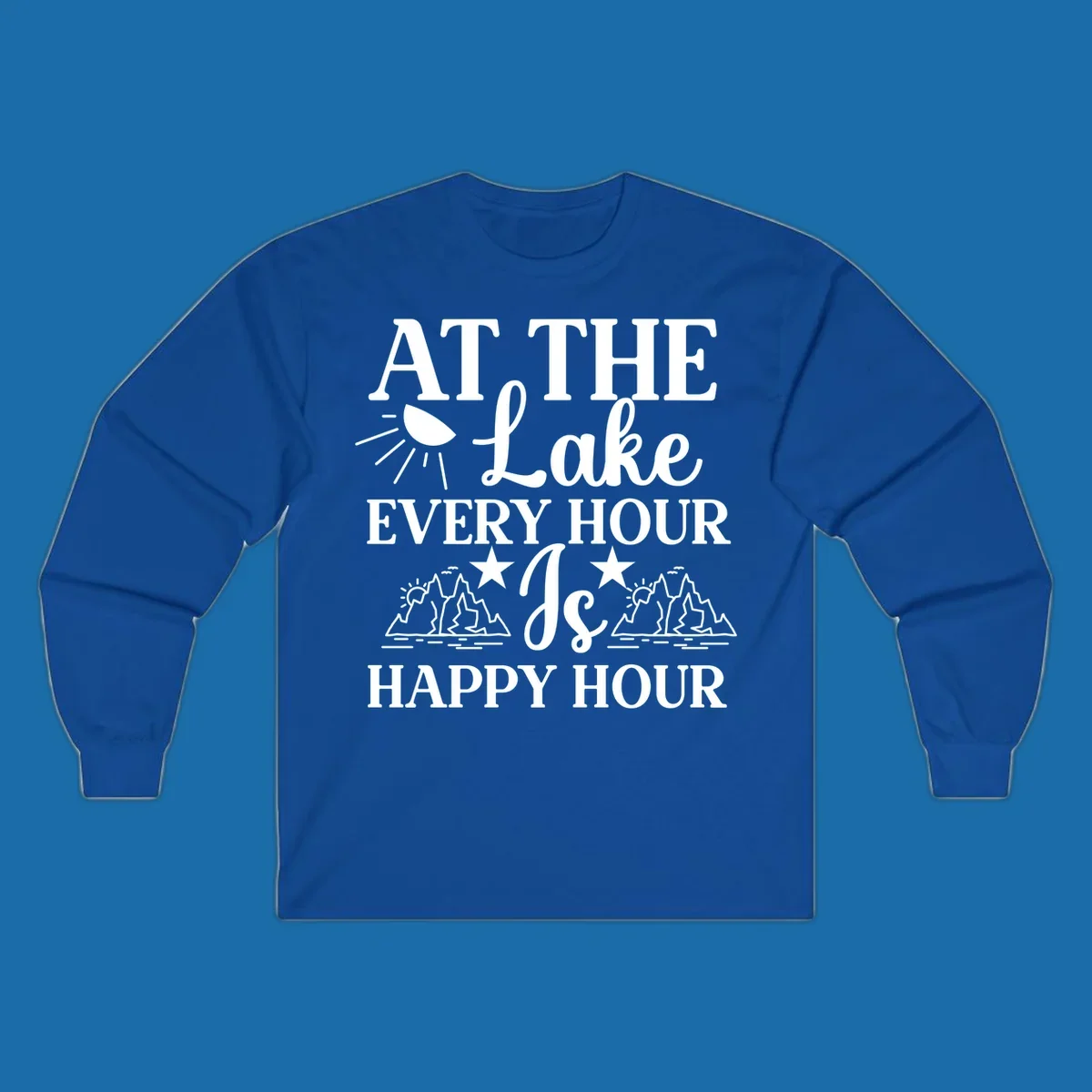 Lake happy hour text design with mountains, sun, and water illustrations.