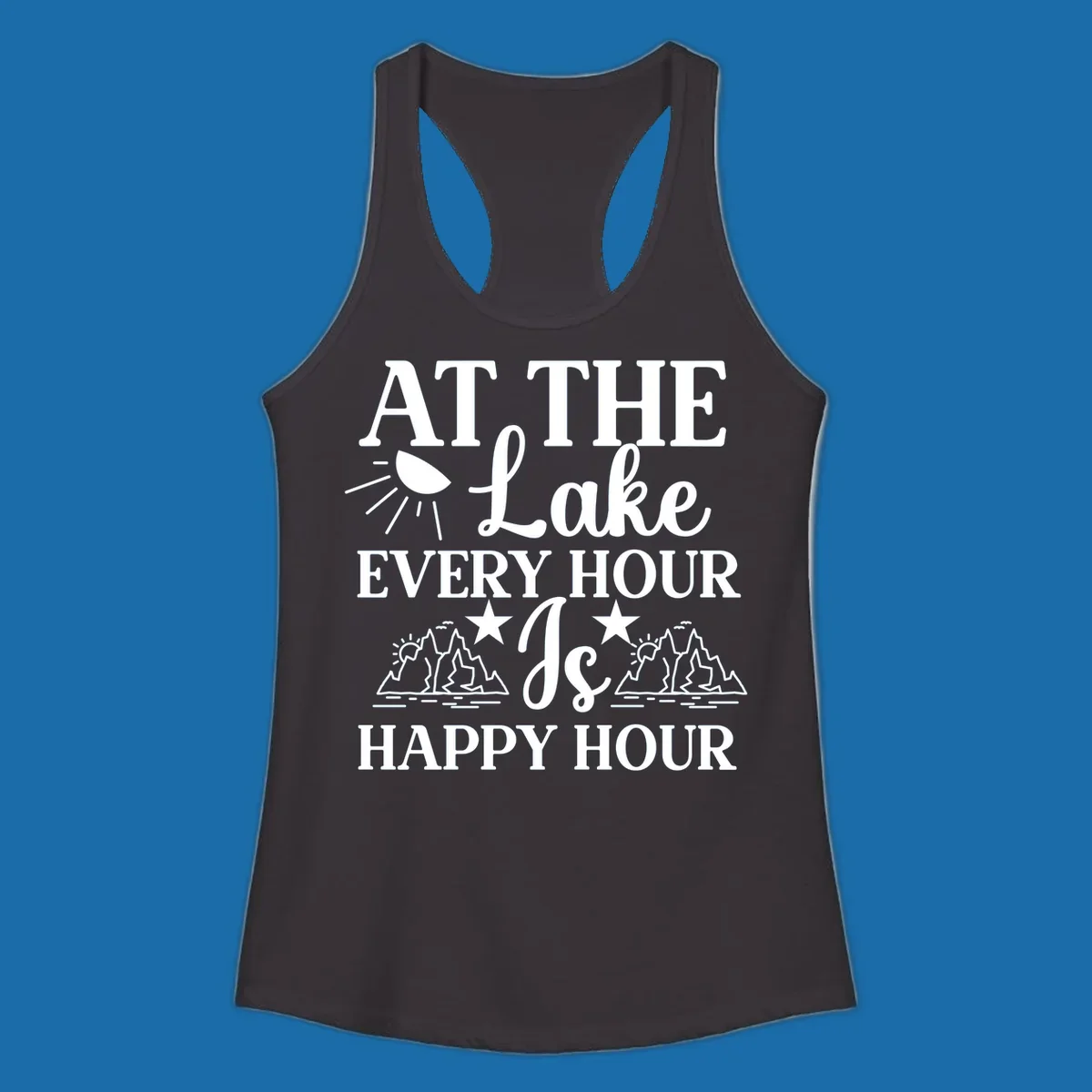 Lake happy hour text design with mountains, sun, and water illustrations.