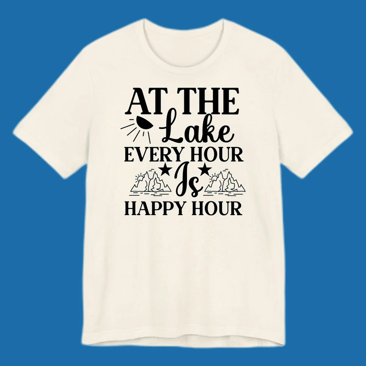 Lake happy hour text design with mountains, sun, and water illustrations.