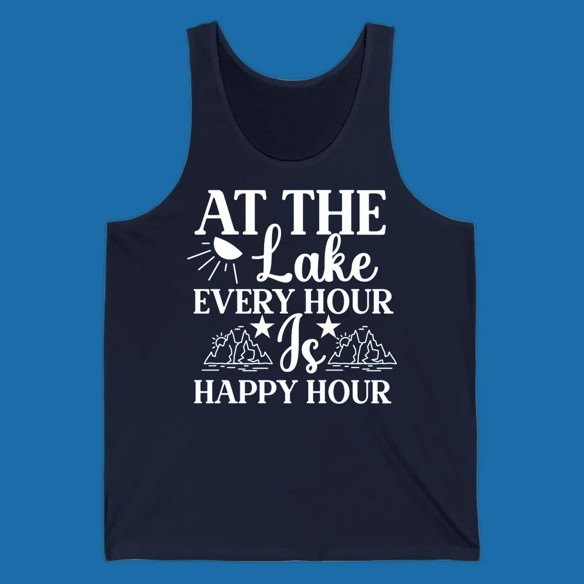 Lake happy hour text design with mountains, sun, and water illustrations.