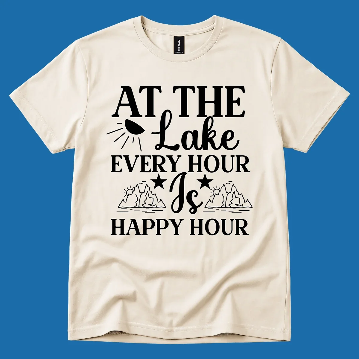 Lake happy hour text design with mountains, sun, and water illustrations.