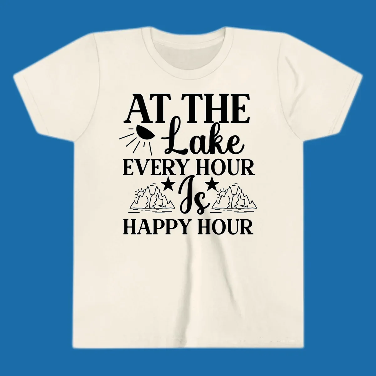 Lake happy hour text design with mountains, sun, and water illustrations.