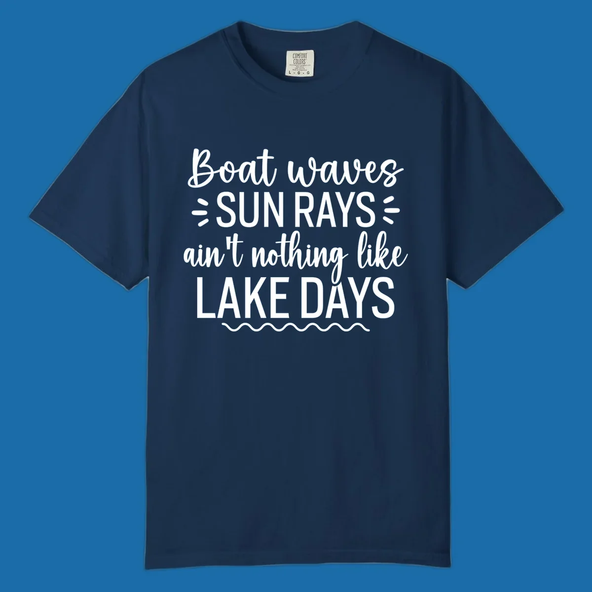 White text design for lake days, featuring boat waves, sun rays, and wavy line accents.