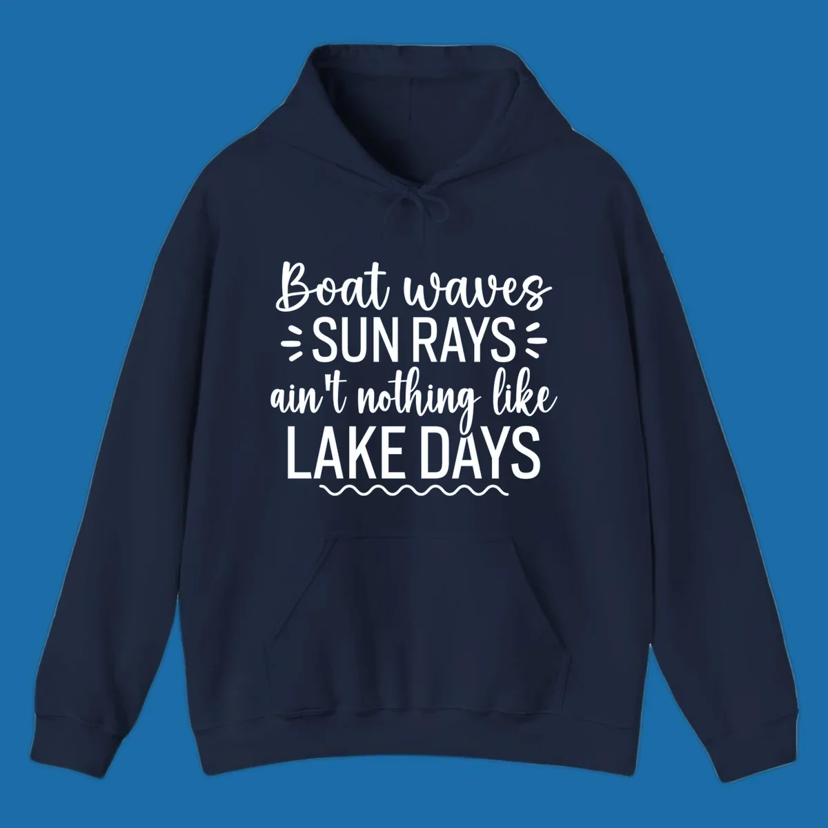 White text design for lake days, featuring boat waves, sun rays, and wavy line accents.