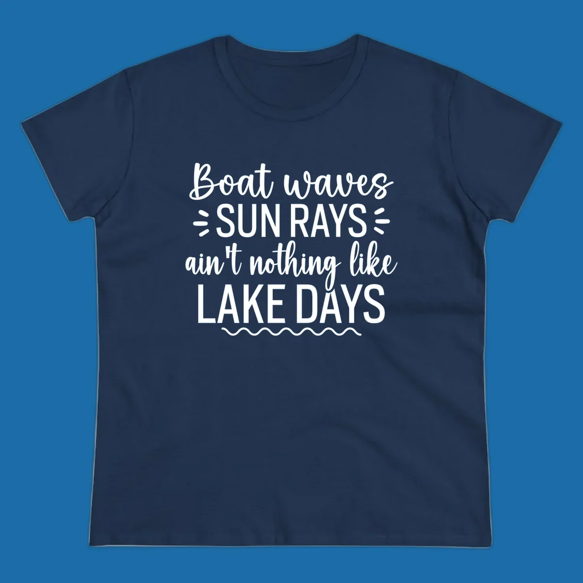 White text design for lake days, featuring boat waves, sun rays, and wavy line accents.