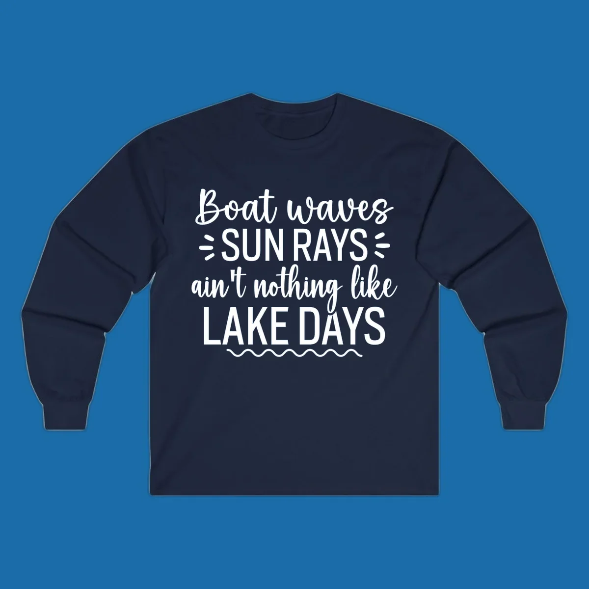 White text design for lake days, featuring boat waves, sun rays, and wavy line accents.