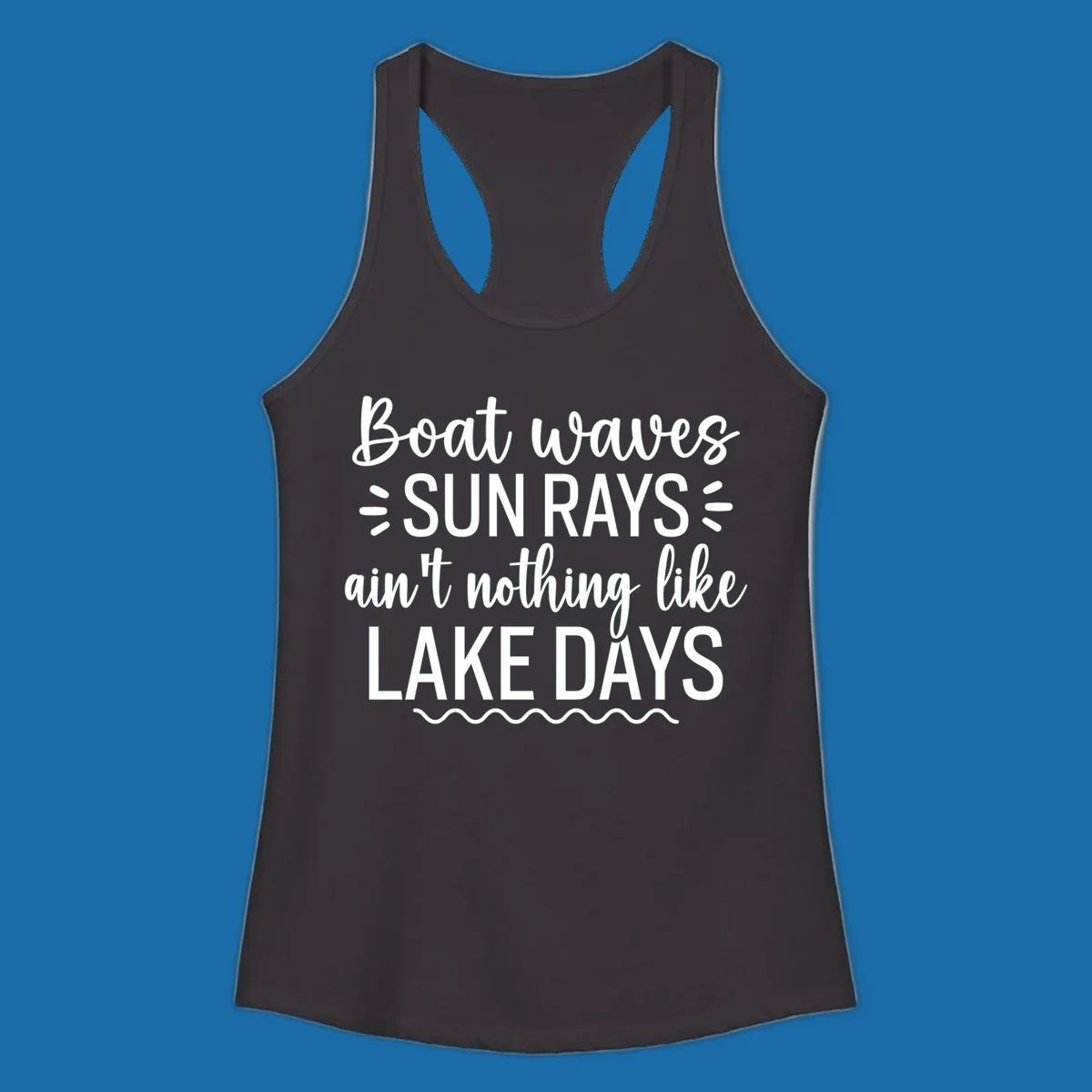 White text design for lake days, featuring boat waves, sun rays, and wavy line accents.