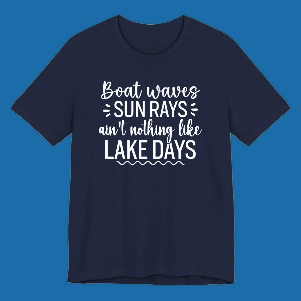 White text design for lake days, featuring boat waves, sun rays, and wavy line accents.