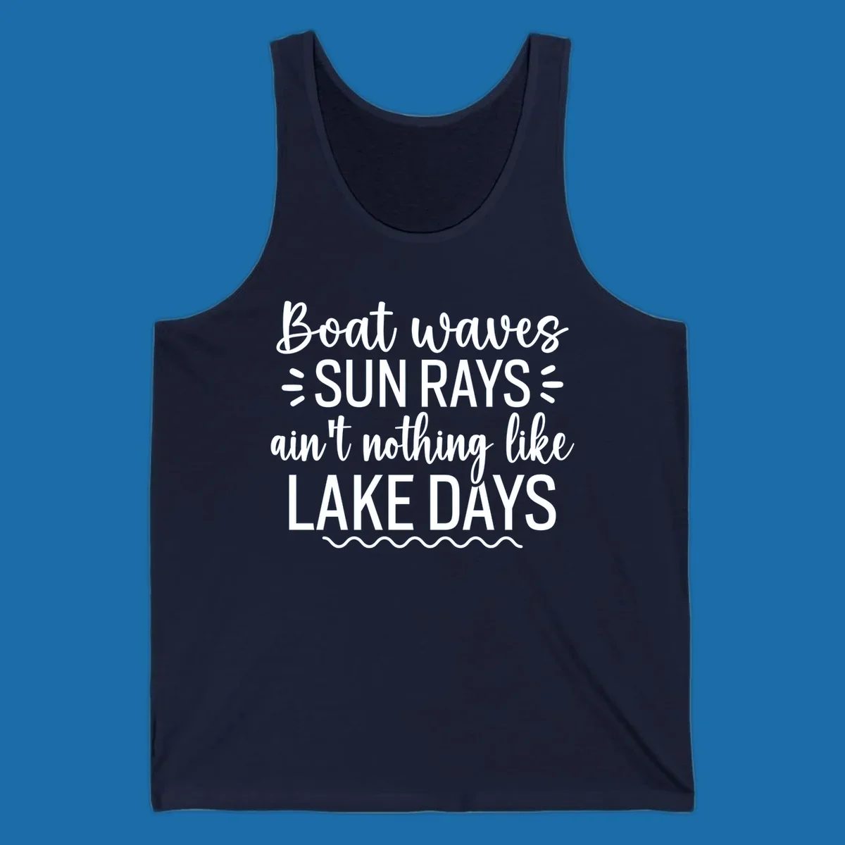 White text design for lake days, featuring boat waves, sun rays, and wavy line accents.