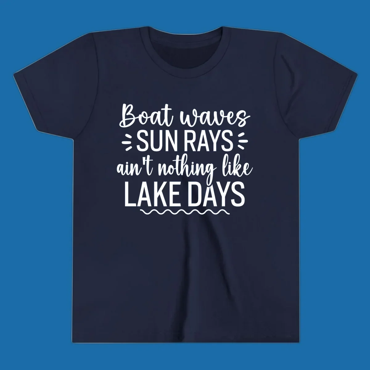 White text design for lake days, featuring boat waves, sun rays, and wavy line accents.