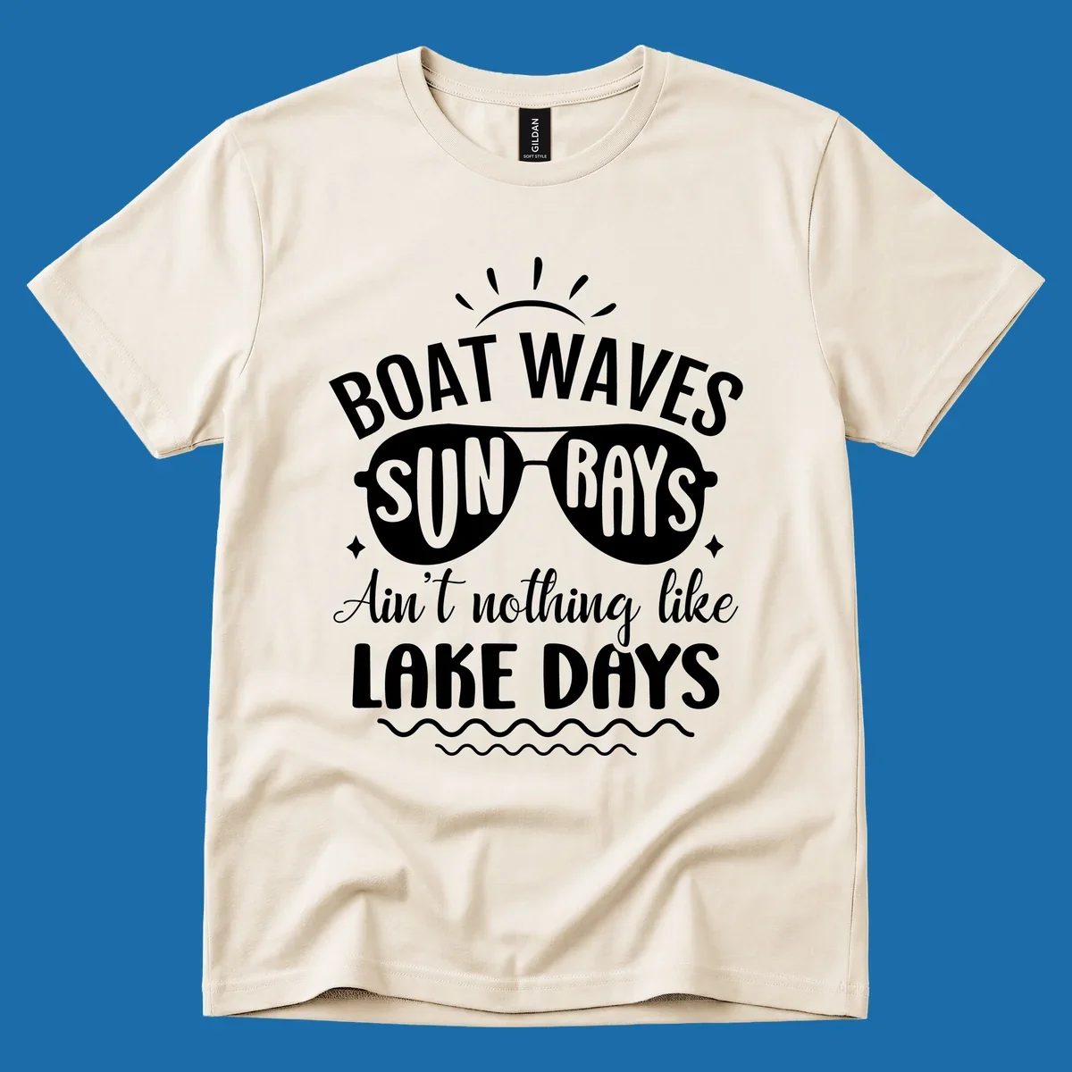 Boat waves sun rays ain't nothing like lake days text and graphic design