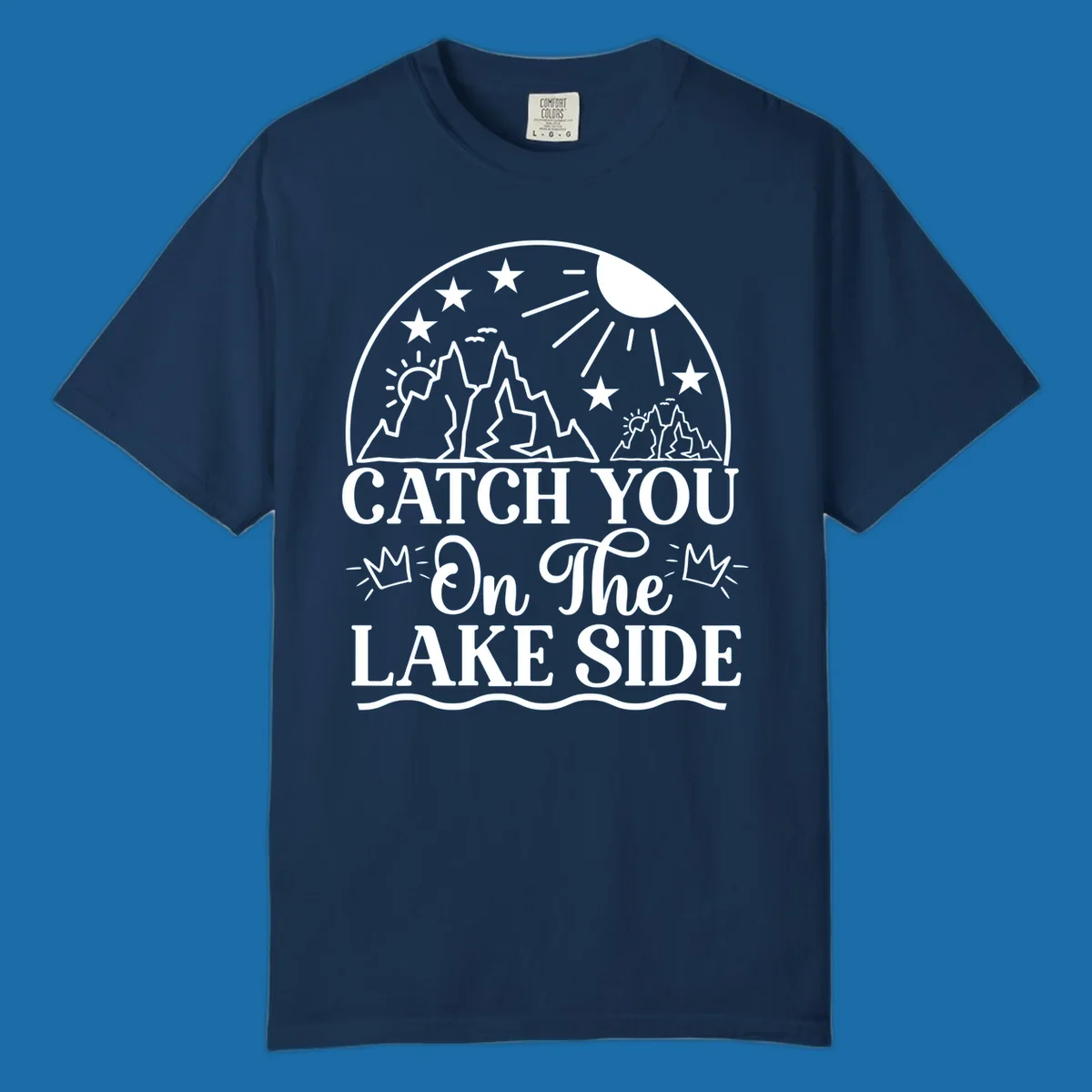 Catch you on the lake side mountains and sun illustration