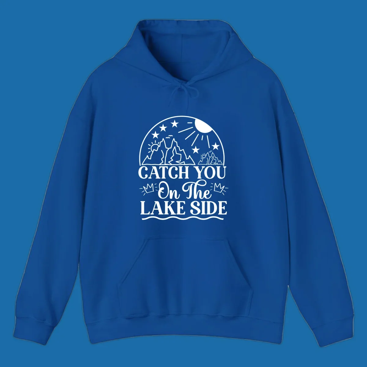 Catch you on the lake side mountains and sun illustration