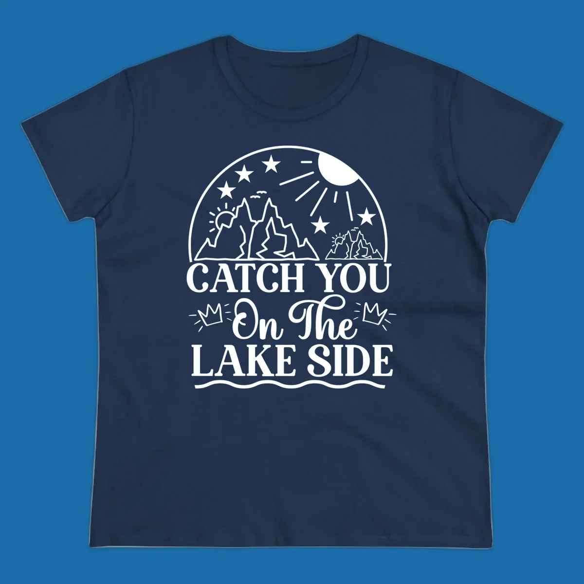Catch you on the lake side mountains and sun illustration