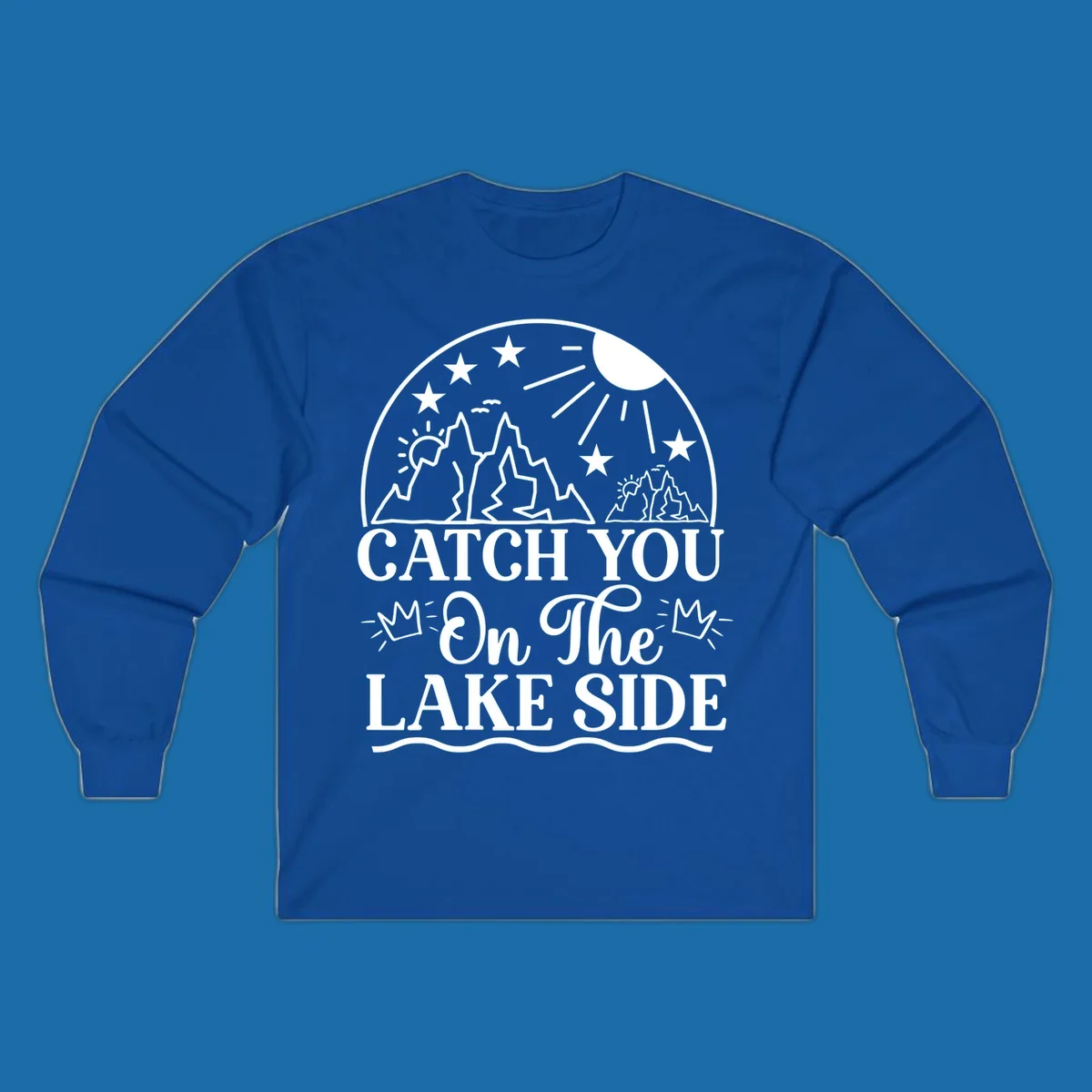 Catch you on the lake side mountains and sun illustration