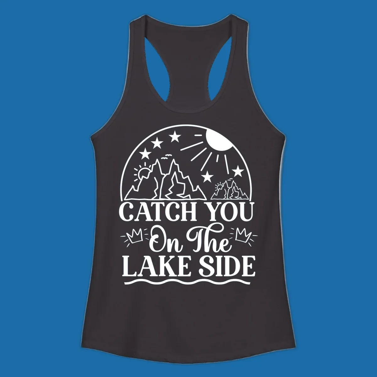 Catch you on the lake side mountains and sun illustration