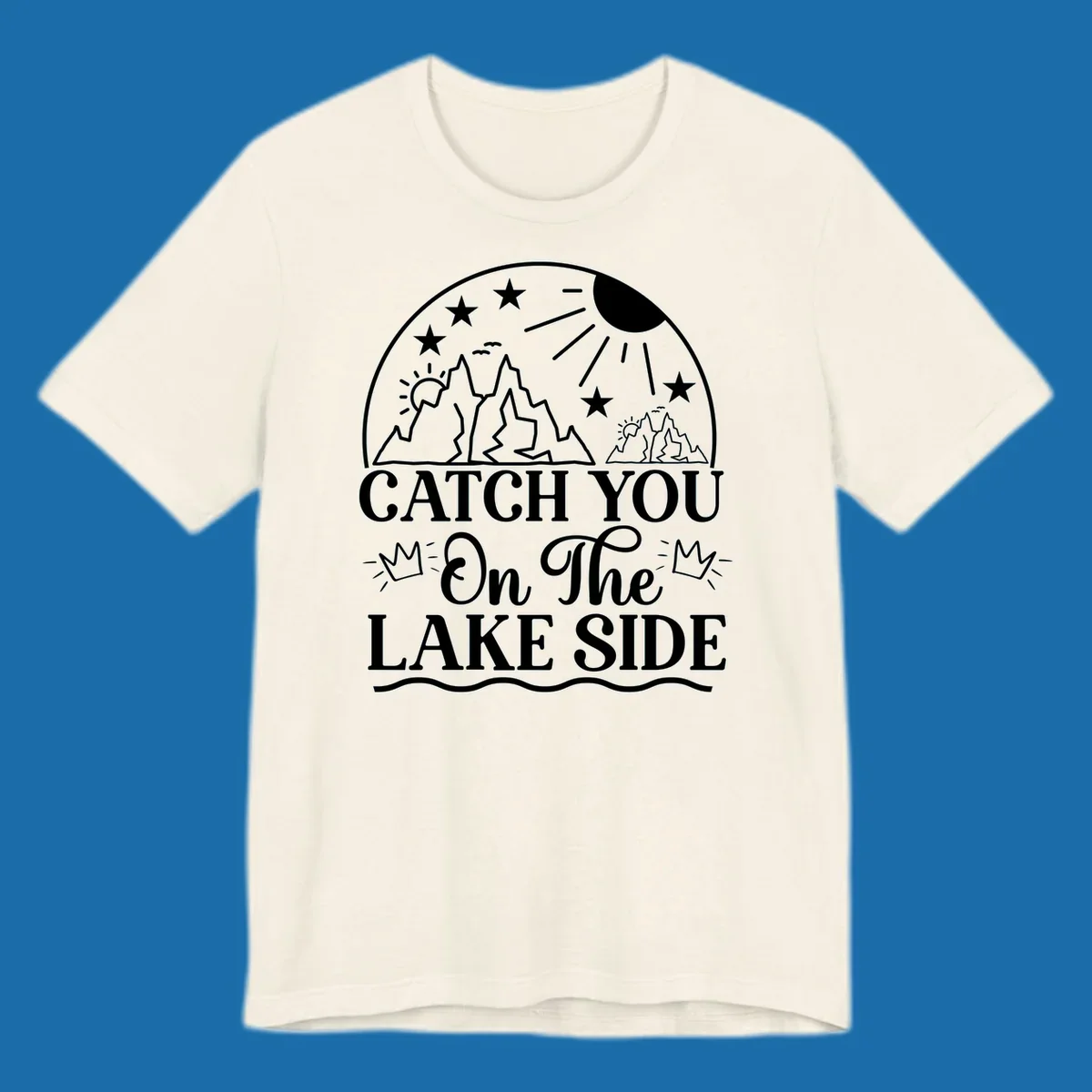 Catch you on the lake side mountains and sun illustration