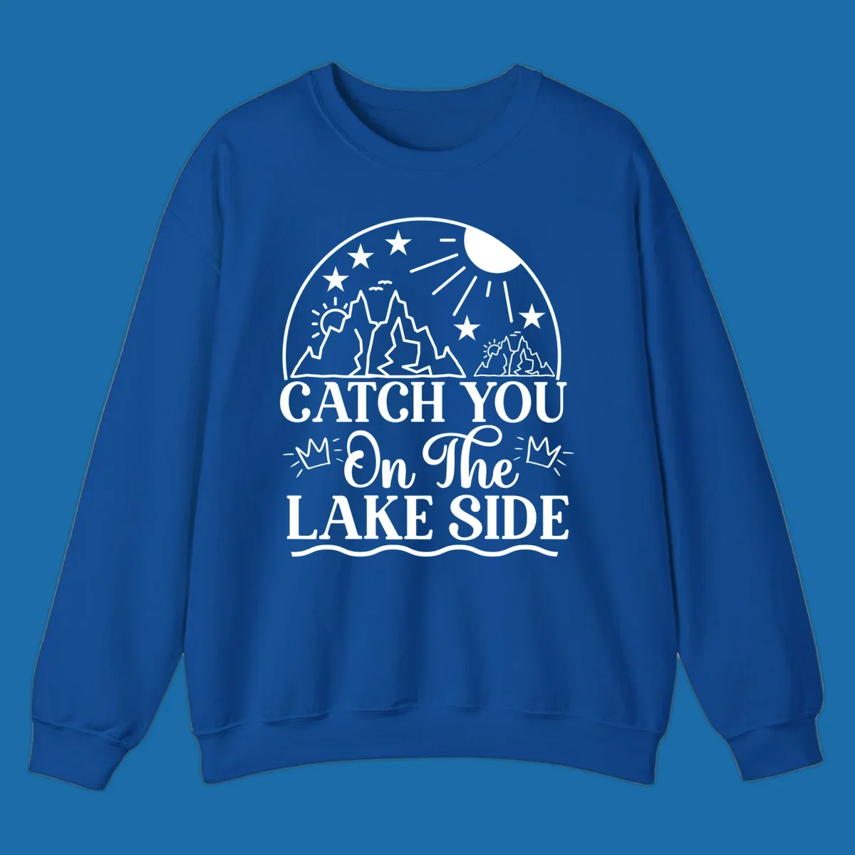 Catch you on the lake side mountains and sun illustration