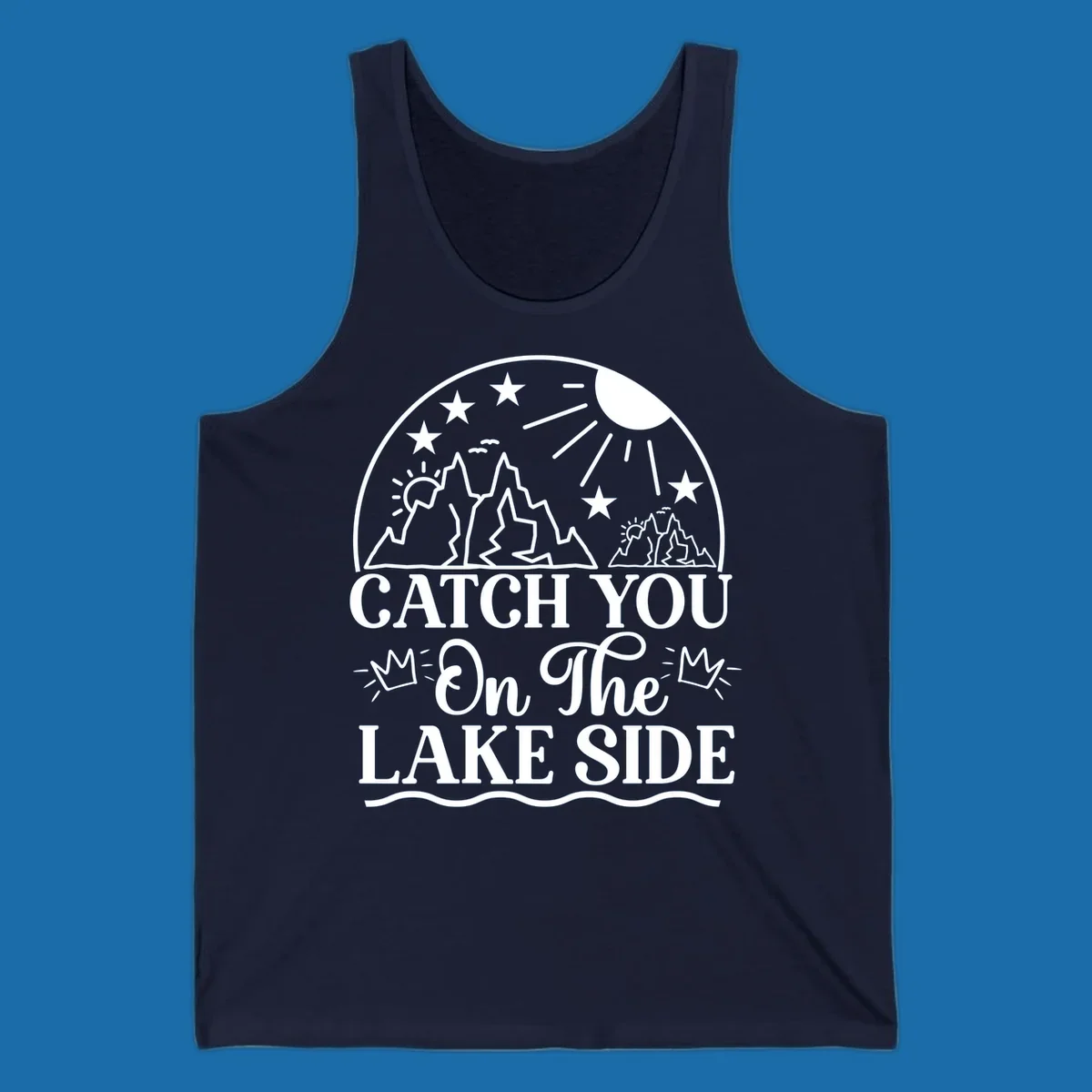 Catch you on the lake side mountains and sun illustration