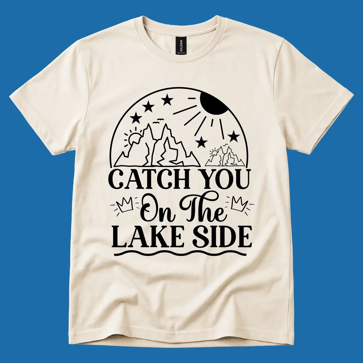 Catch you on the lake side mountains and sun illustration