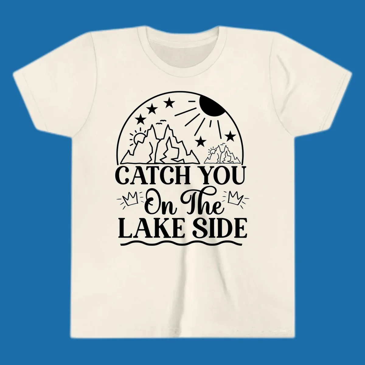 Catch you on the lake side mountains and sun illustration