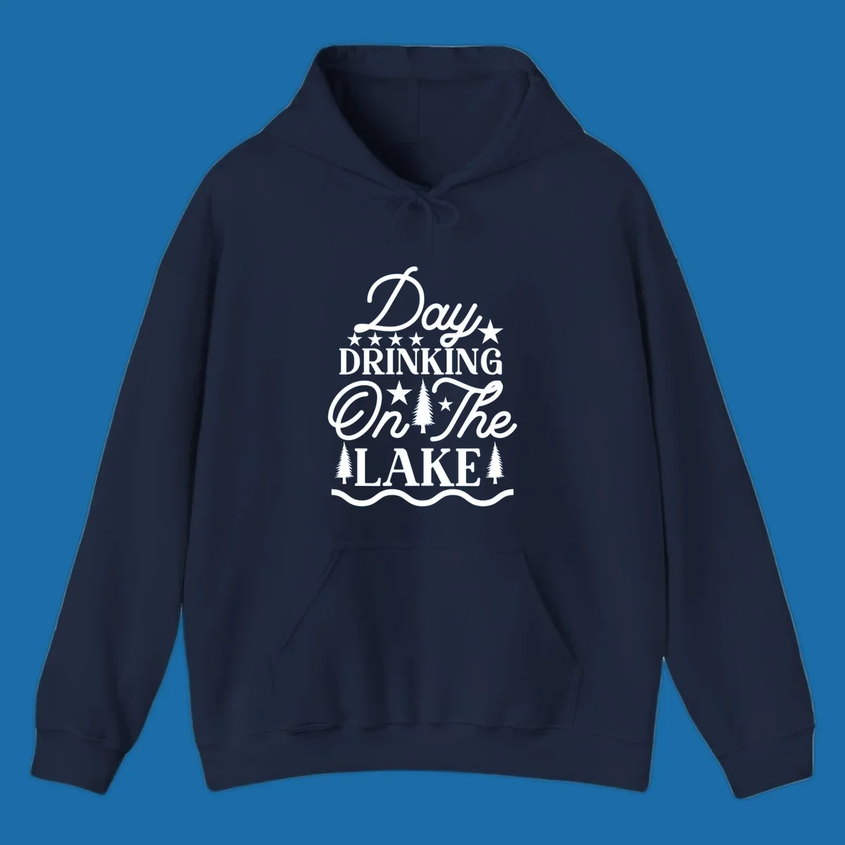 Day Drinking On The Lake text with stars and trees graphic.