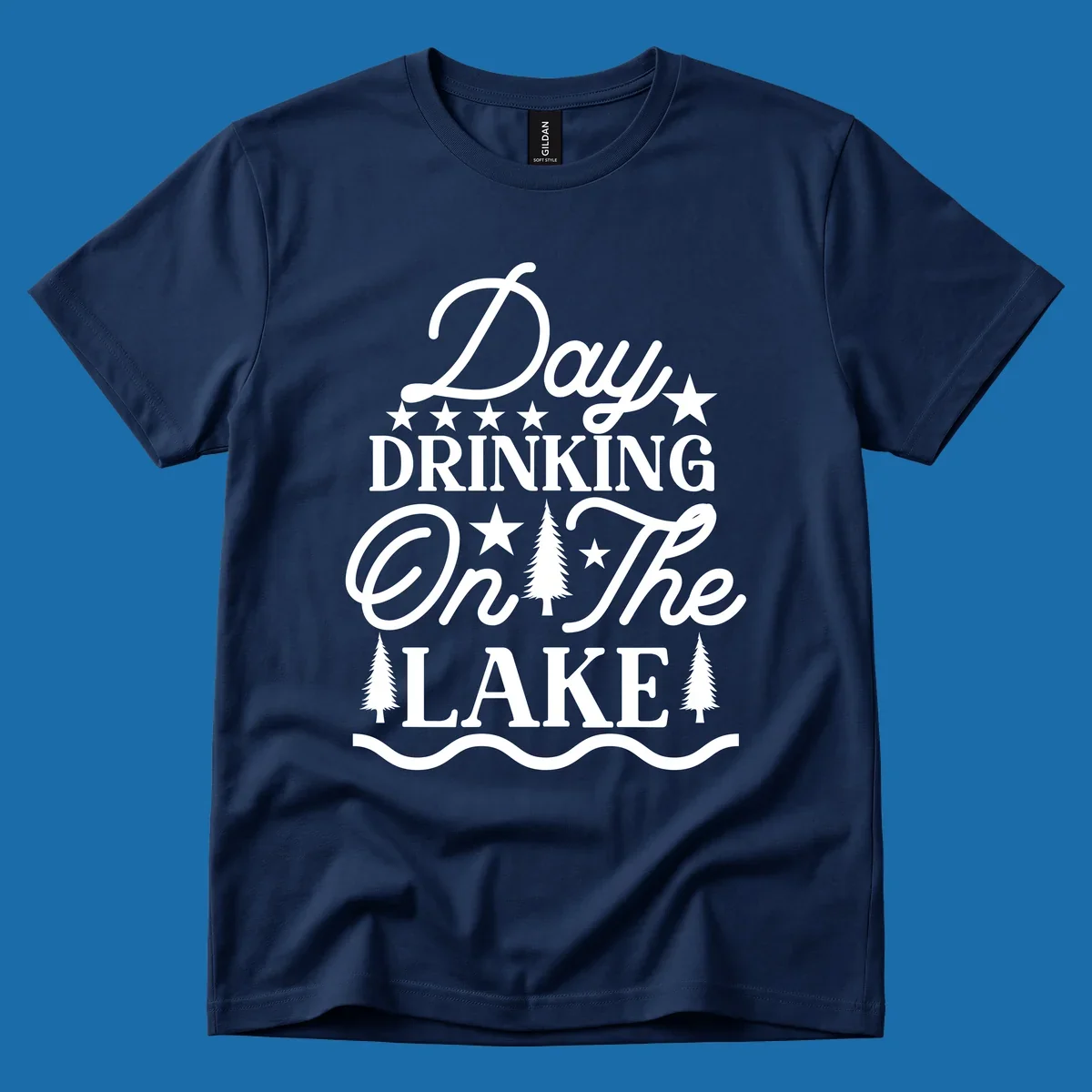 Day Drinking On The Lake text with stars and trees graphic.