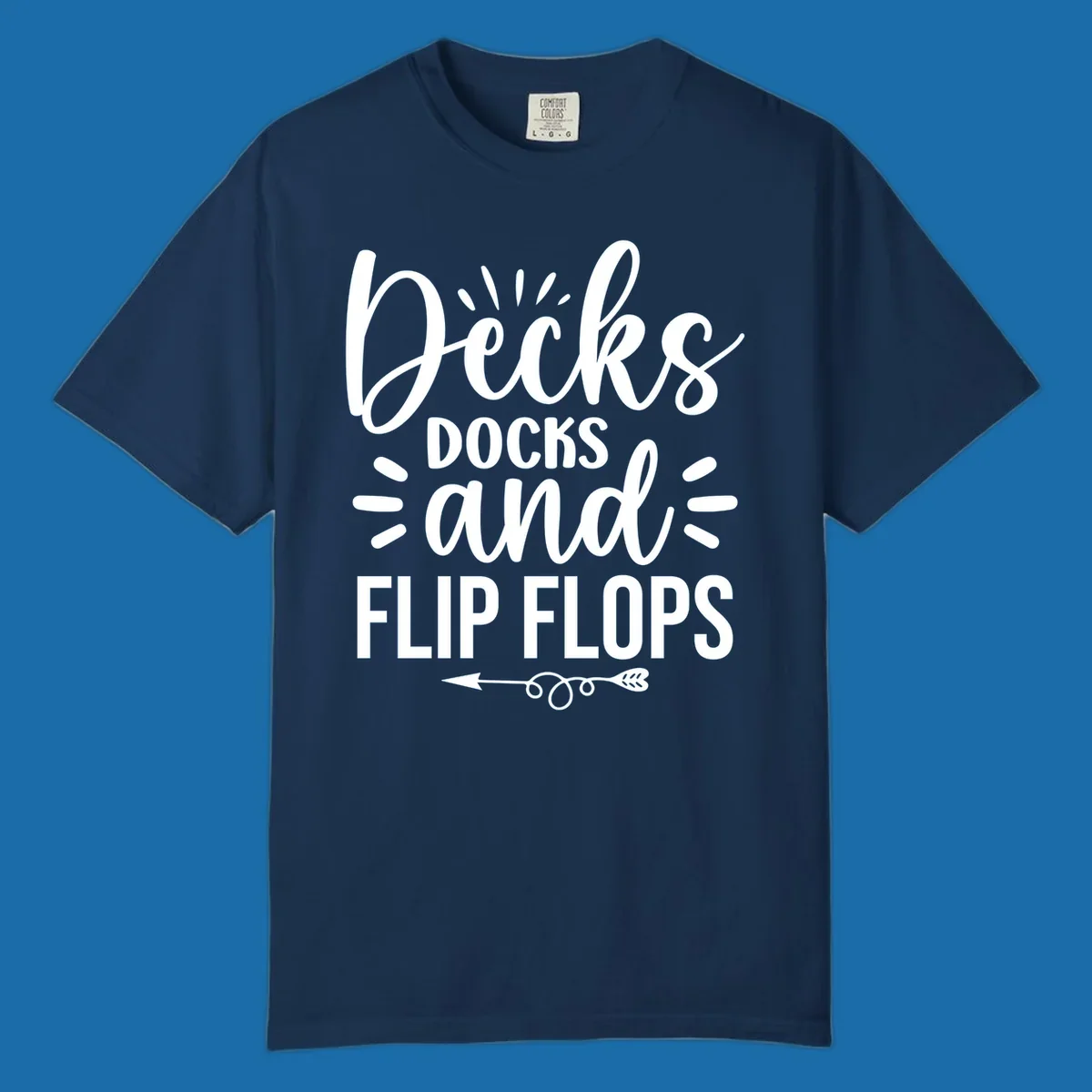 Decks Docks And Flip Flops text design with decorative elements for lake trips.