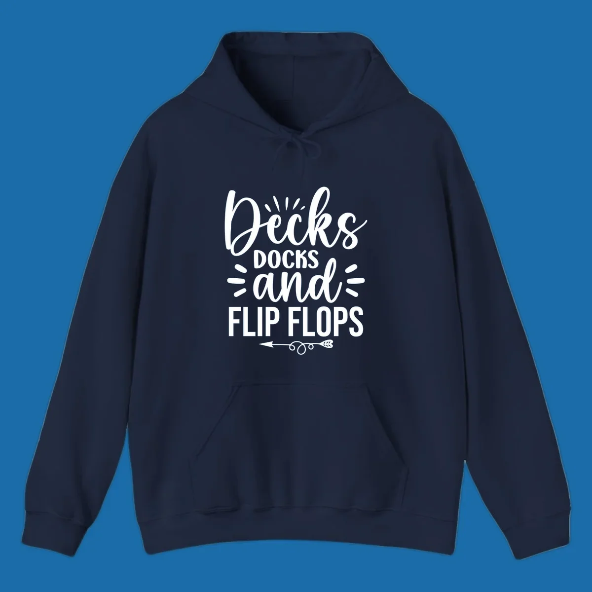 Decks Docks And Flip Flops text design with decorative elements for lake trips.