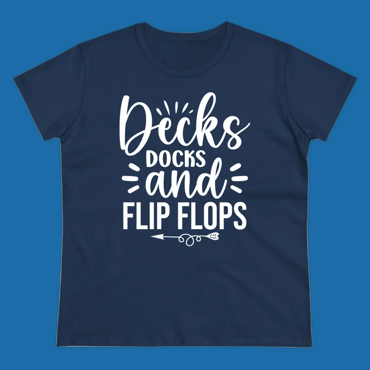 Decks Docks And Flip Flops text design with decorative elements for lake trips.
