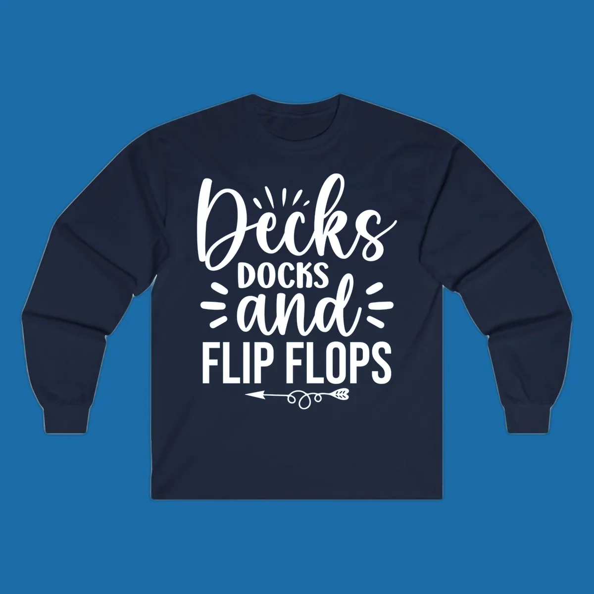 Decks Docks And Flip Flops text design with decorative elements for lake trips.