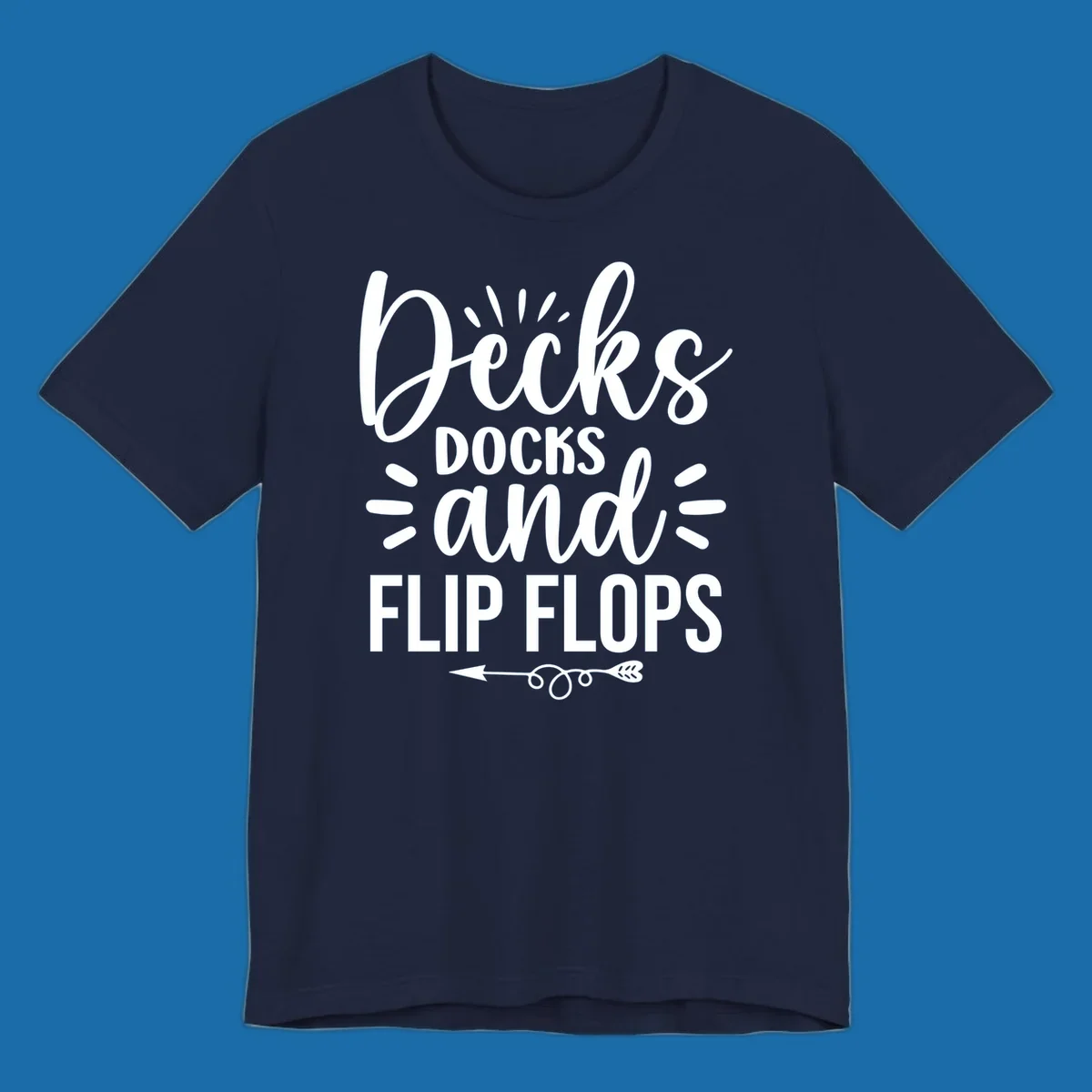 Decks Docks And Flip Flops text design with decorative elements for lake trips.