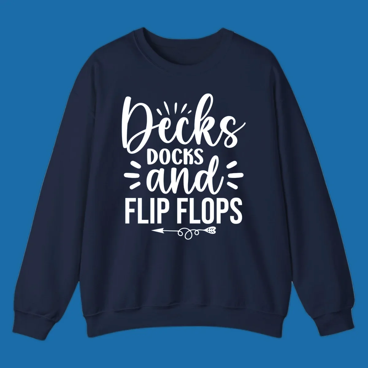 Decks Docks And Flip Flops text design with decorative elements for lake trips.
