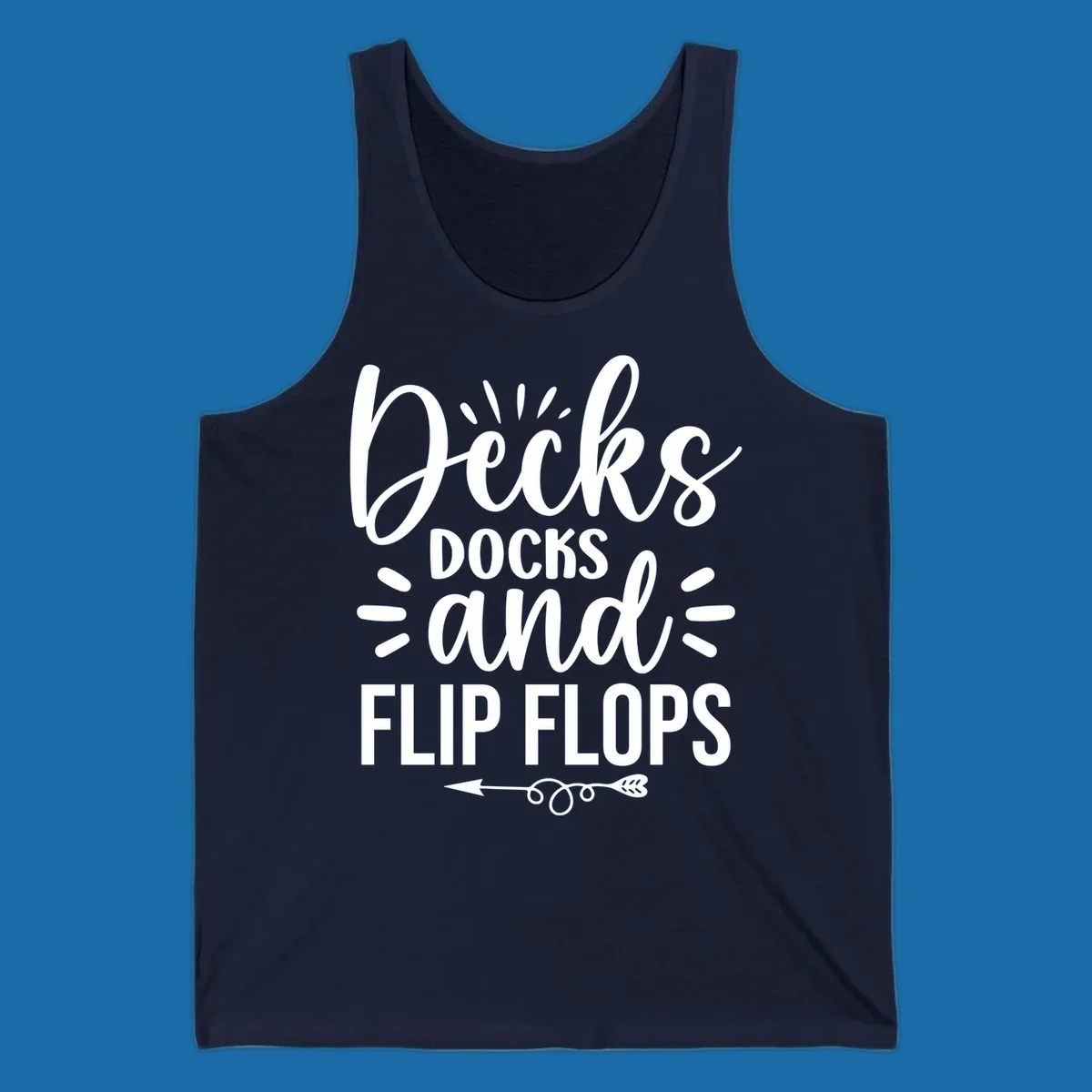 Decks Docks And Flip Flops text design with decorative elements for lake trips.
