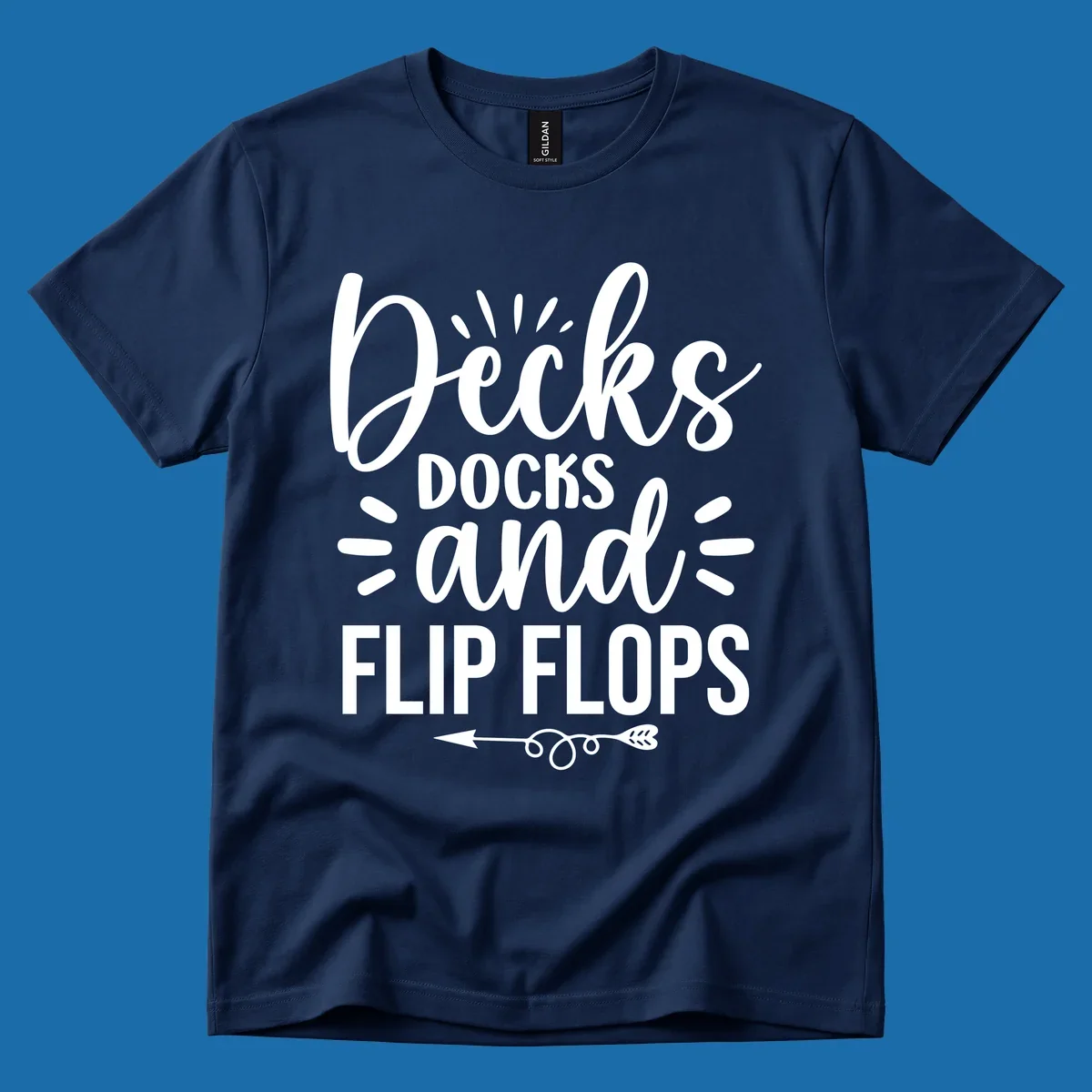 Decks Docks And Flip Flops text design with decorative elements for lake trips.