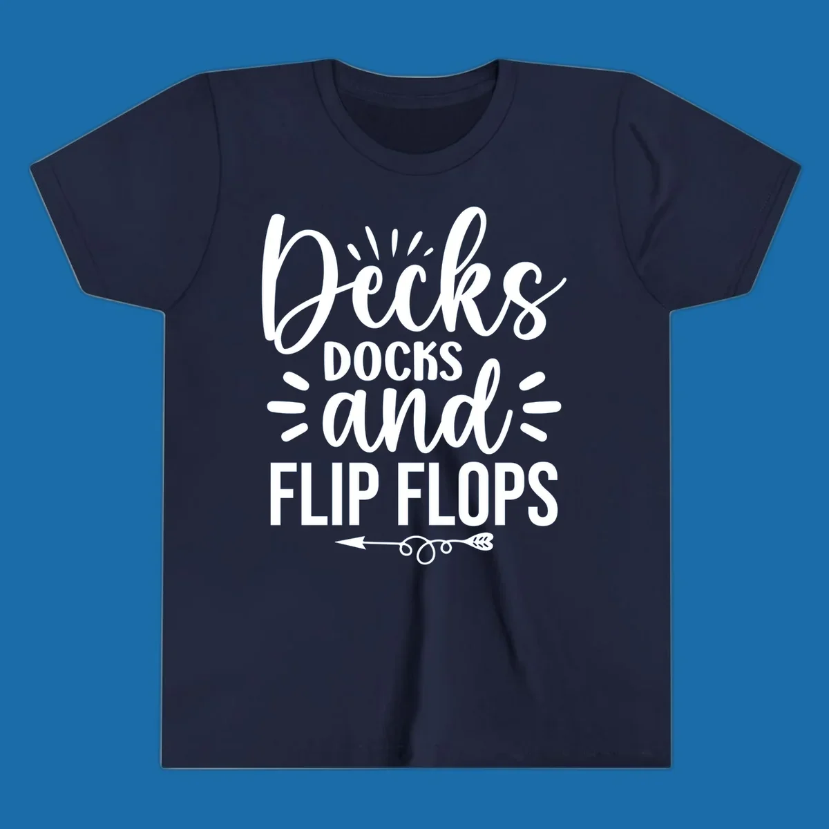Decks Docks And Flip Flops text design with decorative elements for lake trips.